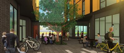 Building elevation showing sunrise-inspired color palette