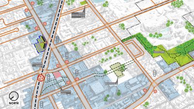 Site plan with central plaza at Burnside and Stark intersection